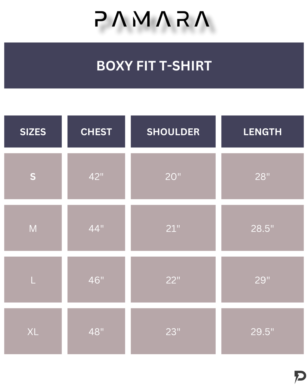 Size chart for Oversized PRA Classic T-Shirt