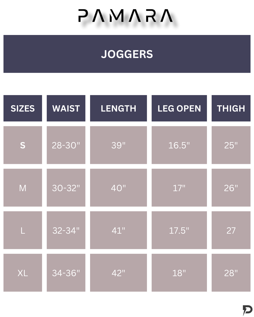Size chart for Everyday Jogger 