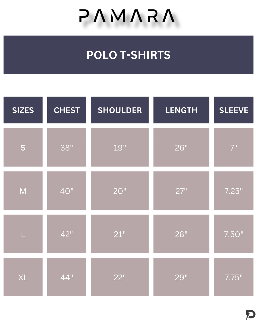 Size chart for Regular Fit Polo T-Shirt